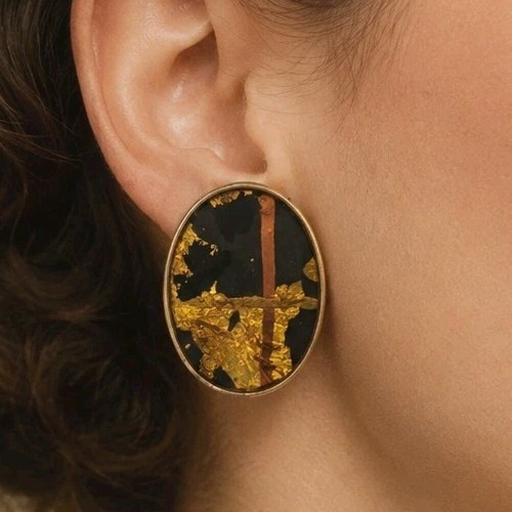 Vintage Black Gold Foil Oval Clip On Earrings Statement Abstract Mid Century Mod